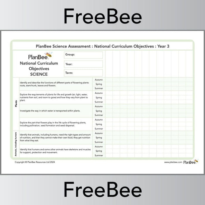 PlanBee Science KS2 Year 3 Assessment Grid | PlanBee FreeBees