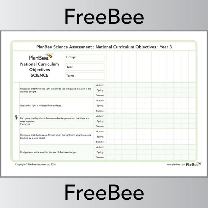 PlanBee Science KS2 Year 3 Assessment Grid | PlanBee FreeBees