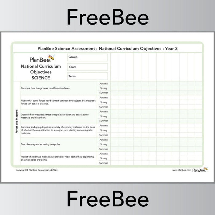 PlanBee Science KS2 Year 3 Assessment Grid | PlanBee FreeBees