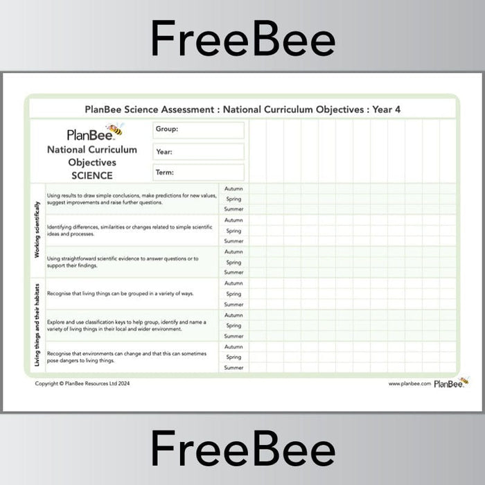 PlanBee Year 4 Science Assessment Grid: NC Objectives by PlanBee