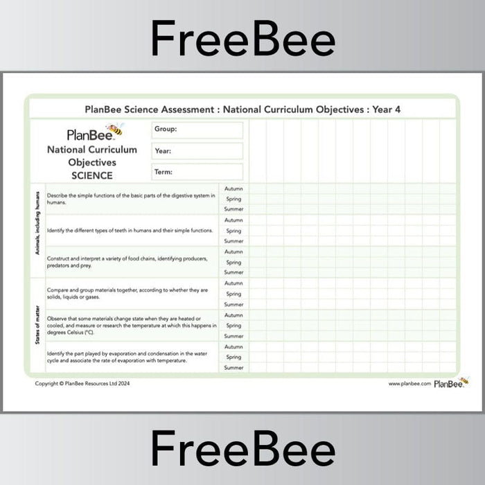 PlanBee Year 4 Science Assessment Grid: NC Objectives by PlanBee