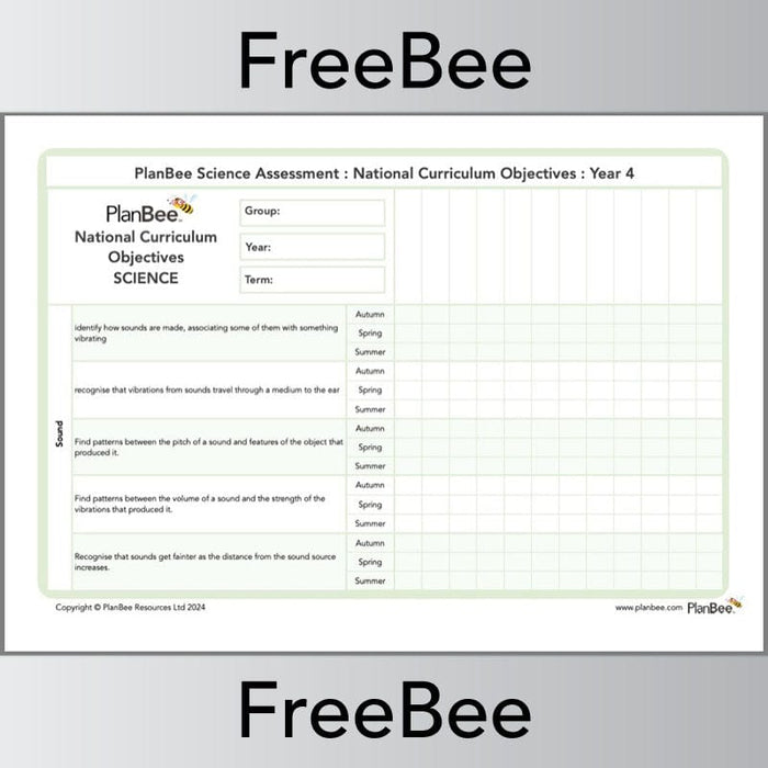 PlanBee Year 4 Science Assessment Grid: NC Objectives by PlanBee