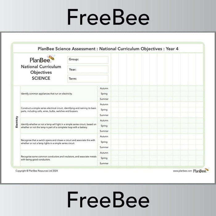 PlanBee Year 4 Science Assessment Grid: NC Objectives by PlanBee