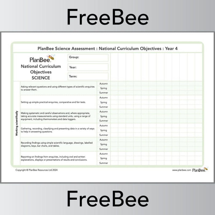 PlanBee Year 4 Science Assessment Grid: NC Objectives by PlanBee