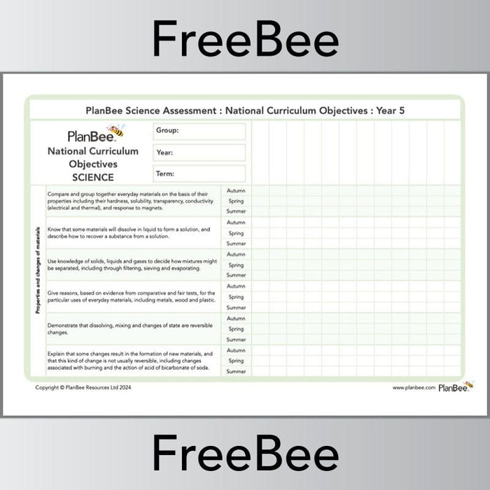 PlanBee Science Assessment Grid: Year 5 | PlanBee FreeBees