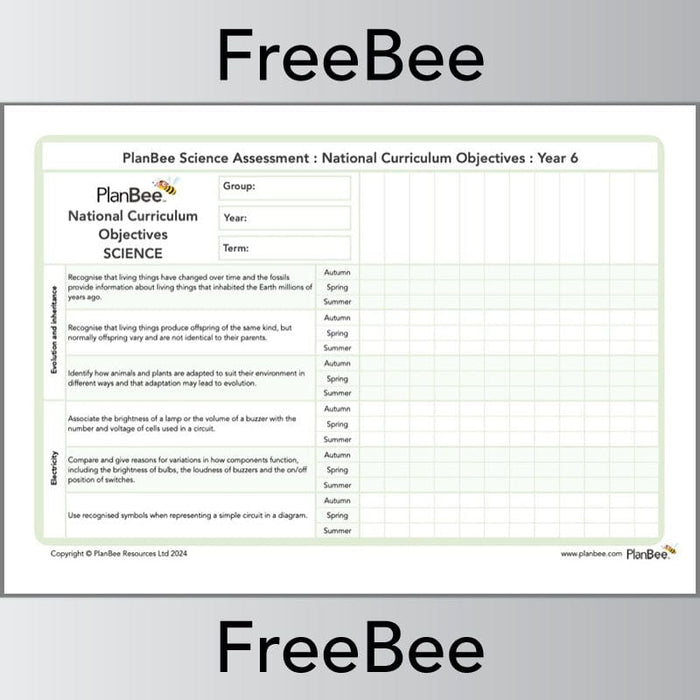 PlanBee Science Assessment Grid Year 6 | PlanBee FreeBees