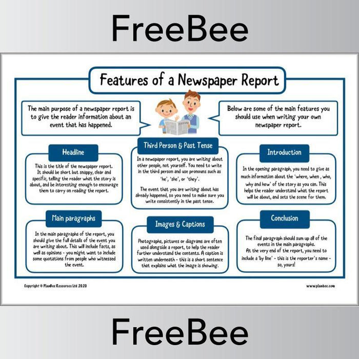 PlanBee Features of a Newspaper Report KS2 Poster by PlanBee