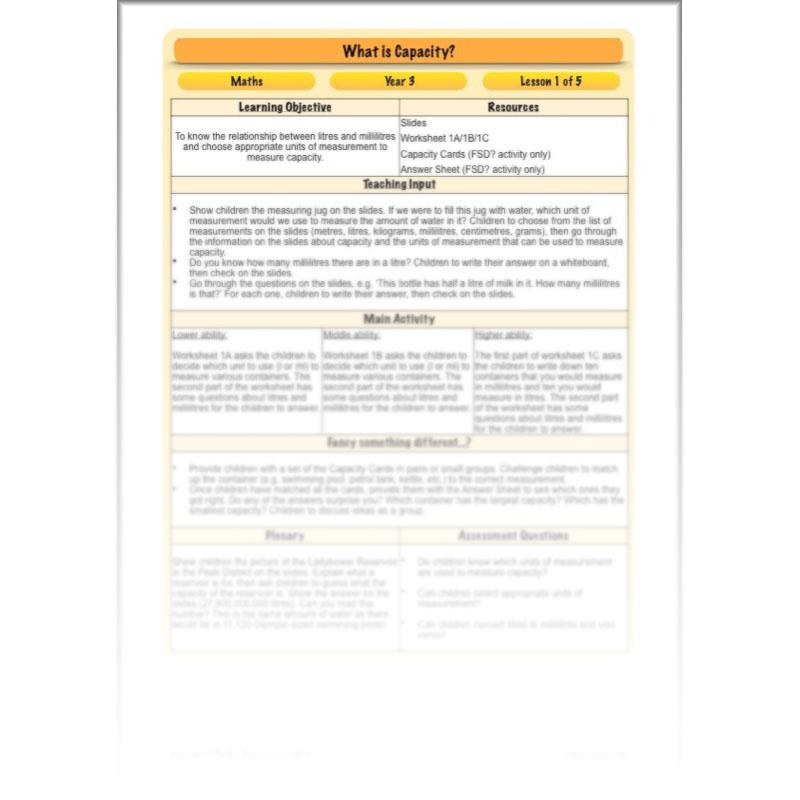 PlanBee What is Capacity? KS2 Maths Measurement Planning Year 3