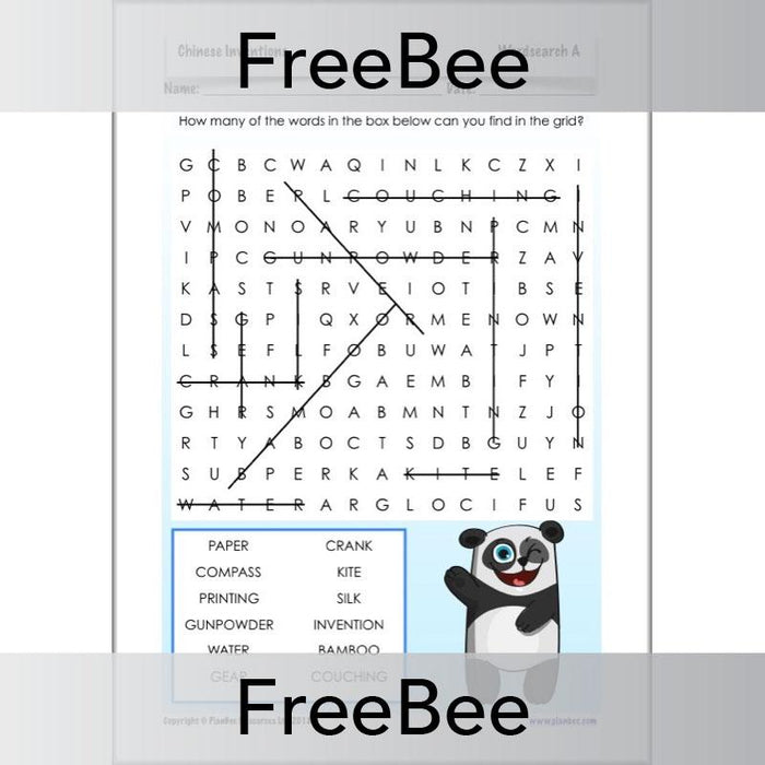 Free Donwloadable Chinese Inventions Wordsearch by PlanBee