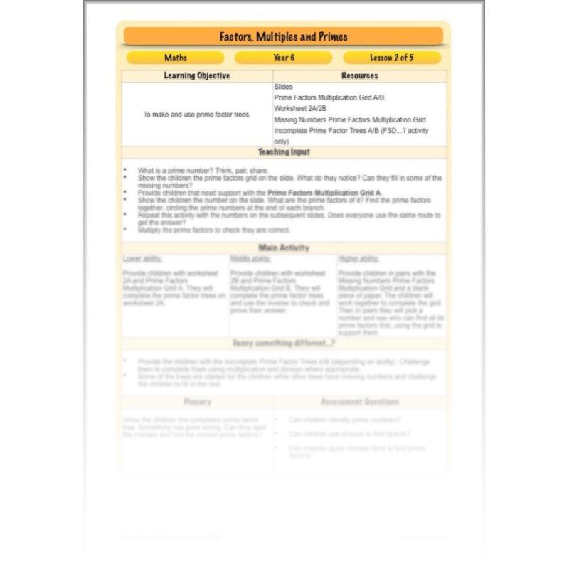 PlanBee Factors, Multiples & Primes - Year 6 Complete Maths Plans by PlanBee