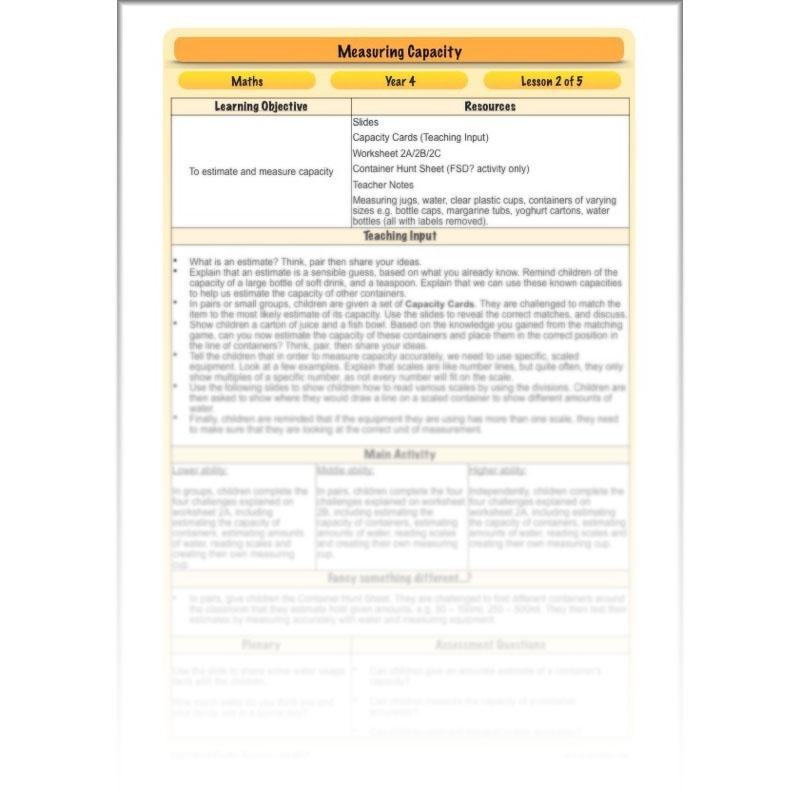 PlanBee Measuring Capacity Year 4 Maths Lesson Planning Pack