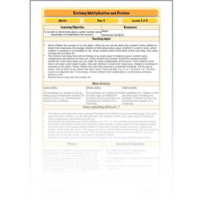 PlanBee Revising Multiplication and Division: Maths Lesson Plans for Year 4