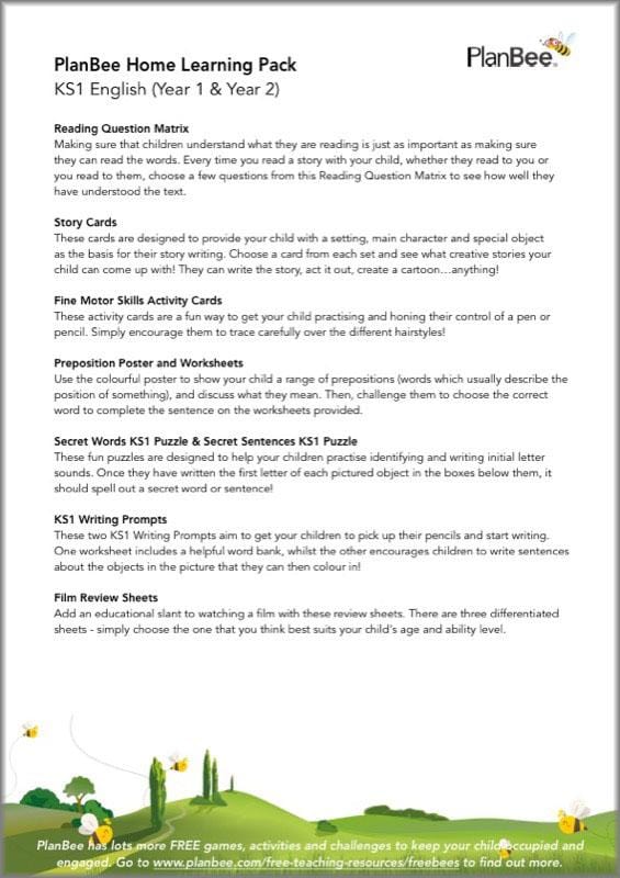 PlanBee KS1 English Home Learning Activities for Year 1 & Year 2