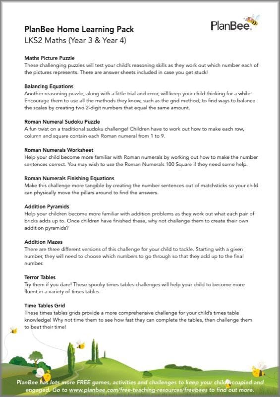 PlanBee KS2 Maths Home Learning Activites for Year 3 & Year 4