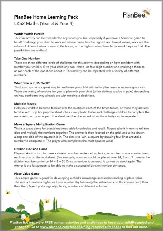 PlanBee KS2 Maths Home Learning Activites for Year 3 & Year 4
