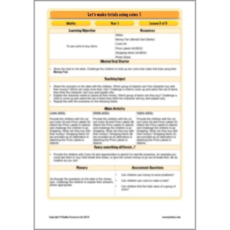 PlanBee Let’s make totals using coins 1 -  Year 1 Key Stage 1 Maths plans