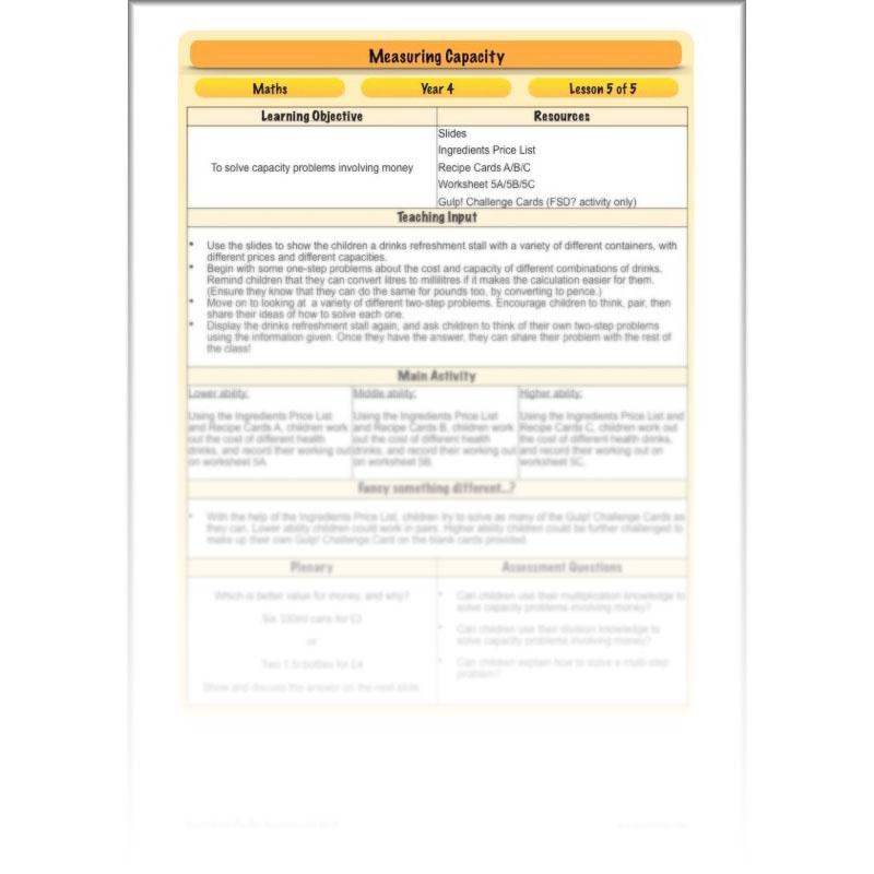 PlanBee Measuring Capacity Year 4 Maths Lesson Planning Pack