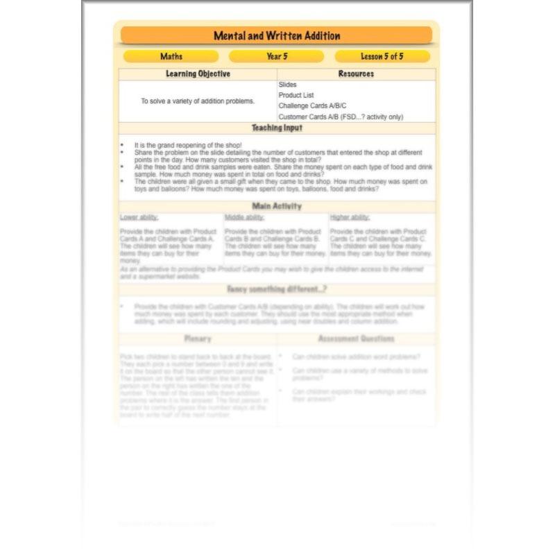 PlanBee Mental & Written Addition - Year 5 Maths Planning - PlanBee
