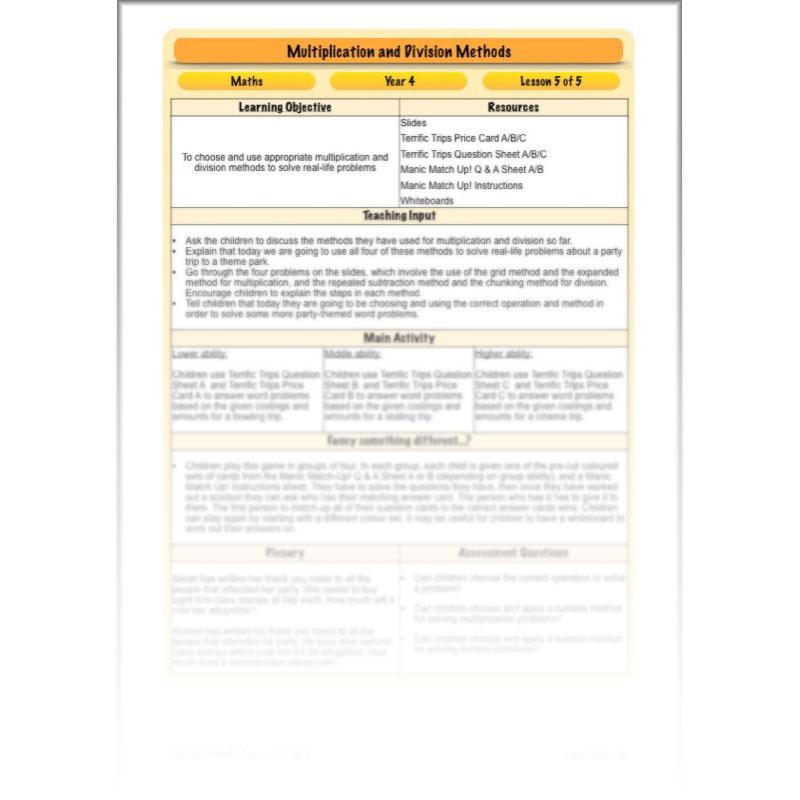 PlanBee Multiplication and Division Methods: Primary Maths Lessons for Year 4