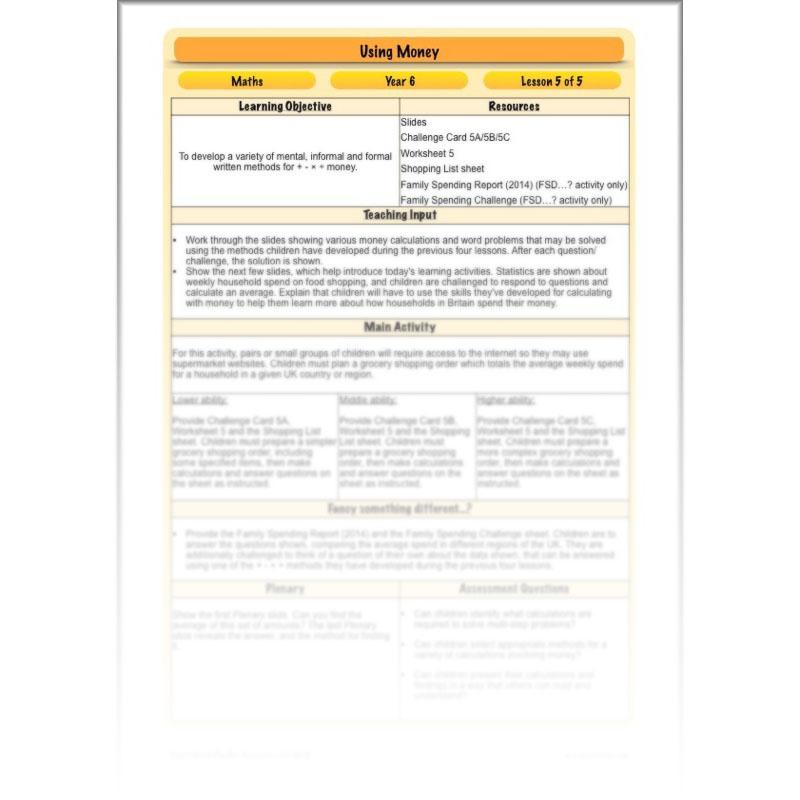 PlanBee Using Money - Complete Year 6 Maths Planning - Measurement