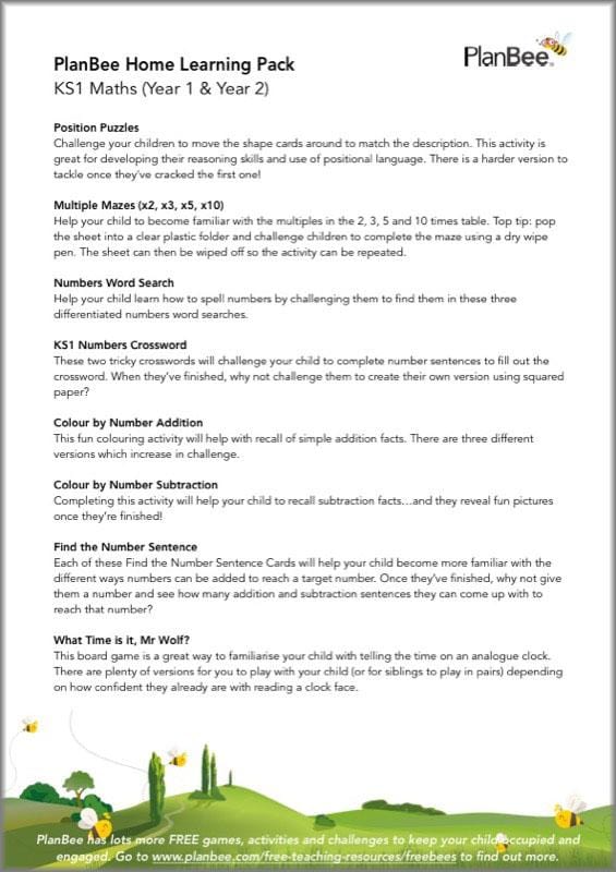 PlanBee KS1 Maths Home Learning Activites for Year 1 & Year 2
