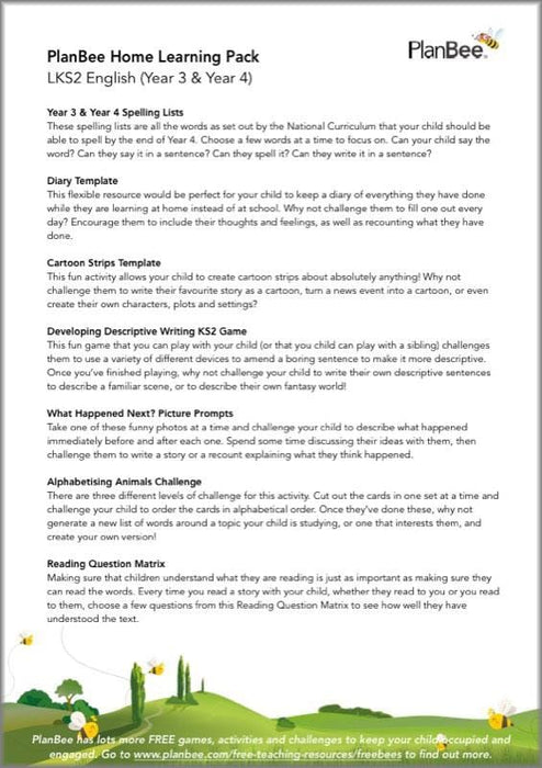PlanBee Lower KS2 English Home Learning Activities for Year 3 & Year 4