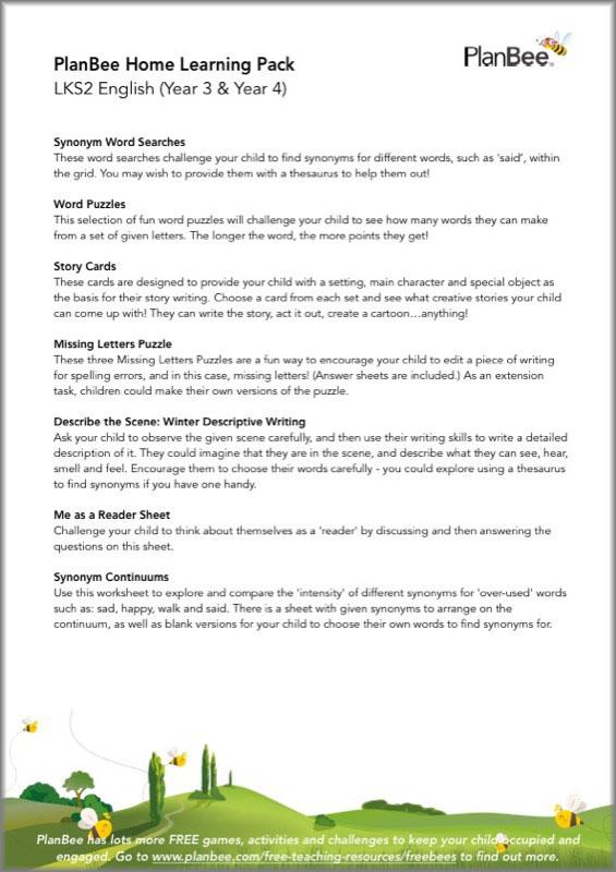 PlanBee Lower KS2 English Home Learning Activities for Year 3 & Year 4