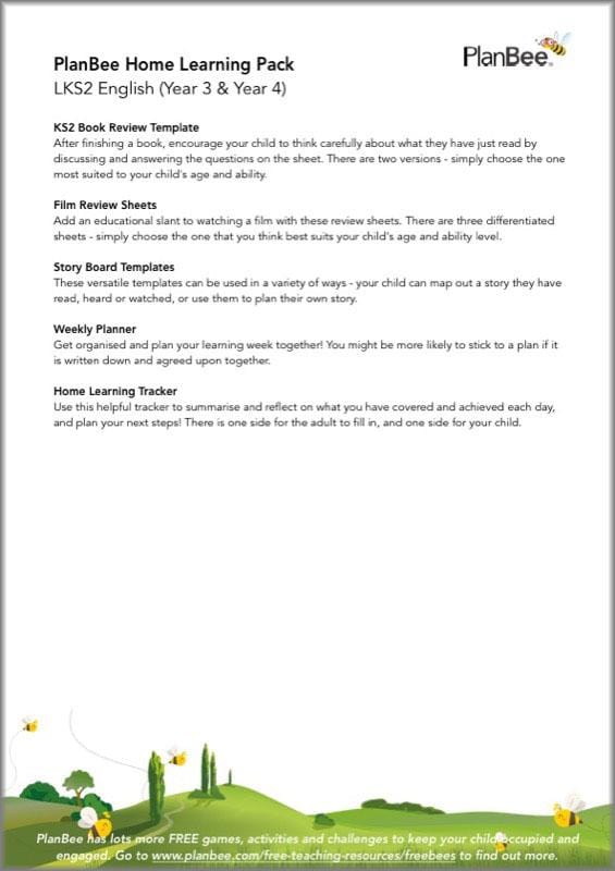 PlanBee Lower KS2 English Home Learning Activities for Year 3 & Year 4