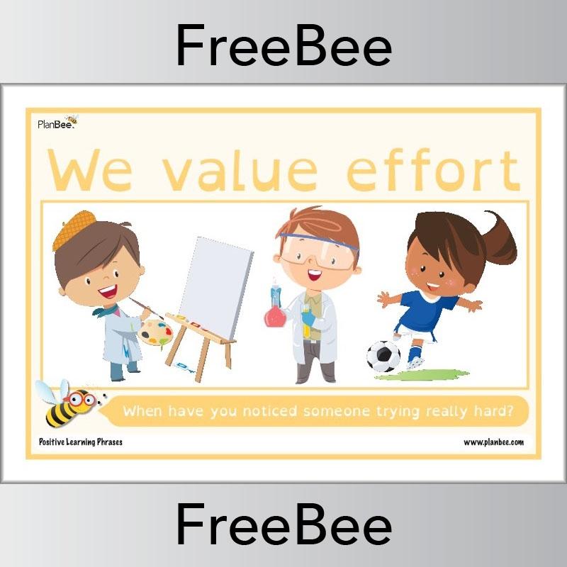 We value effort Positive learning phrases poster Free PDF by PlanBee