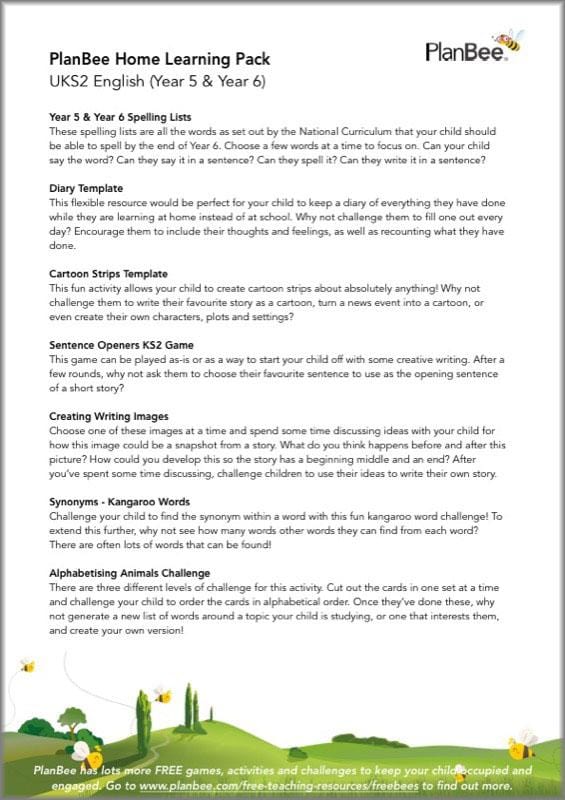 PlanBee Upper KS2 English Home Learning Activities for Year 5 & Year 6