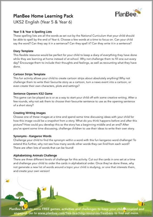 PlanBee Upper KS2 English Home Learning Activities for Year 5 & Year 6