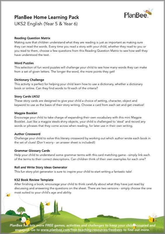 PlanBee Upper KS2 English Home Learning Activities for Year 5 & Year 6