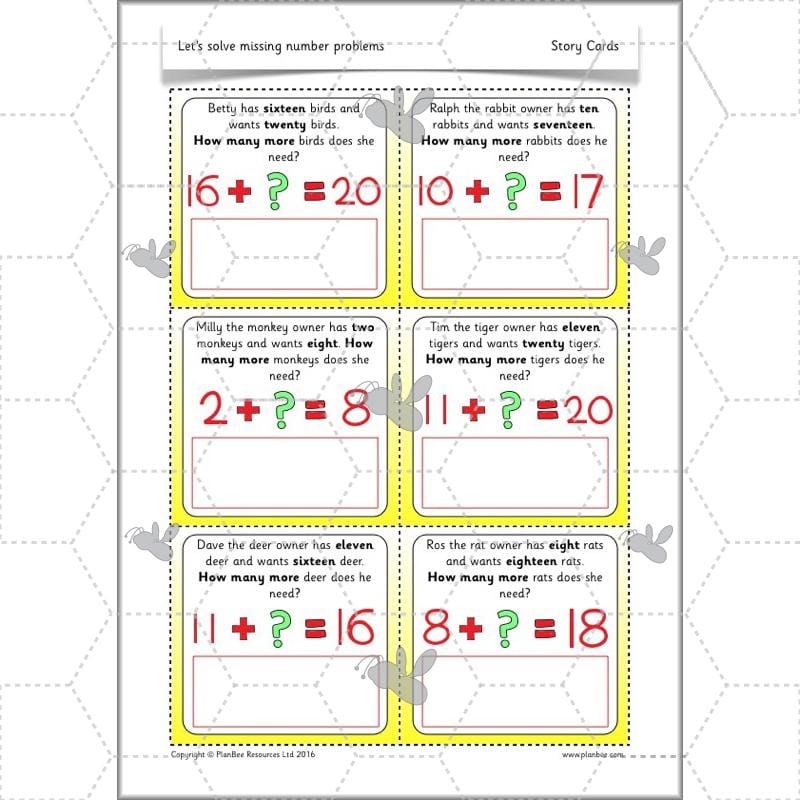 PlanBee Let’s solve missing number problems - Year 1 KS1 Maths plans
