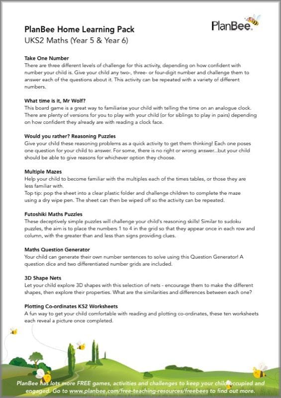PlanBee KS2 Maths Home Learning Activites for Year 5 & Year 6