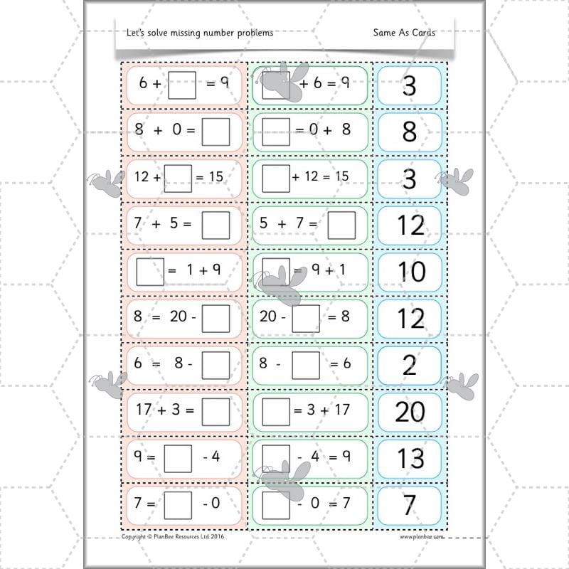PlanBee Let’s solve missing number problems - Year 1 KS1 Maths plans