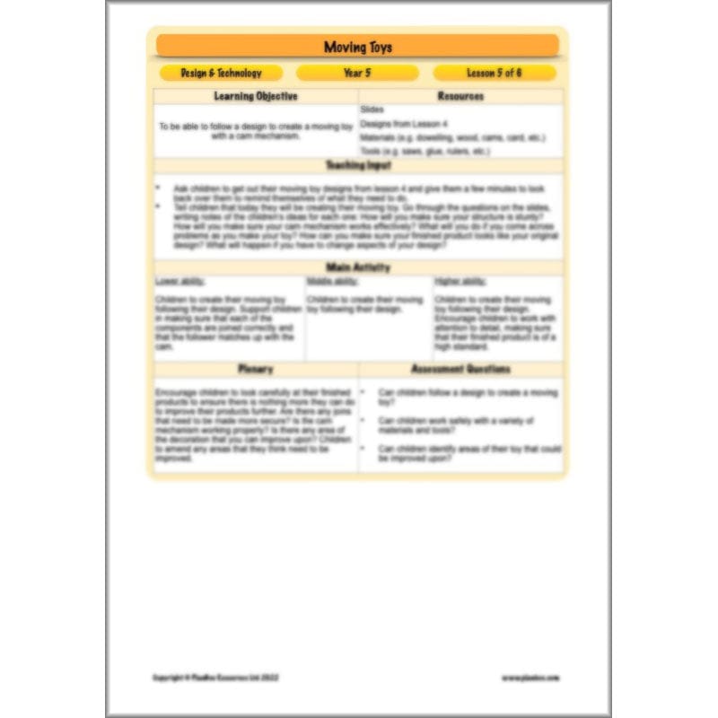 PlanBee Moving Toys KS2 DT Lessons for Year 5 | Cam Mechanisms