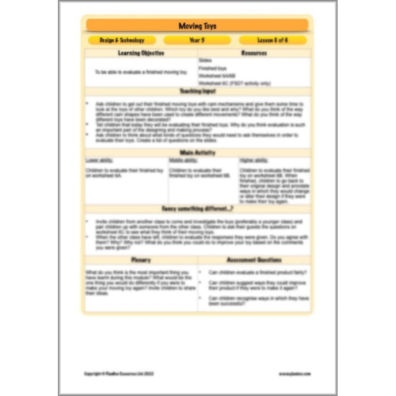 PlanBee Moving Toys KS2 DT Lessons for Year 5 | Cam Mechanisms