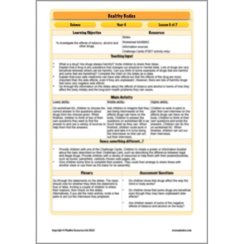 PlanBee Healthy Bodies Animals including Humans Year 6 Planning