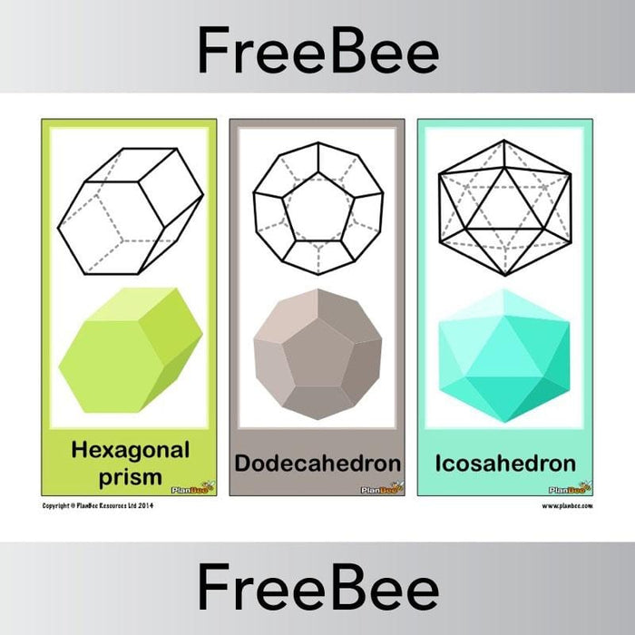 3D Shape Pictures Free Display Cards Hexagonal prism, Dodecahedron, Icosahedron by PlanBee Resource