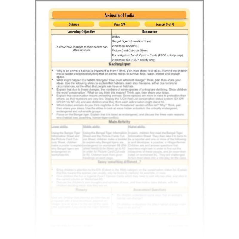 PlanBee Animals of India complete Science scheme of work for KS2