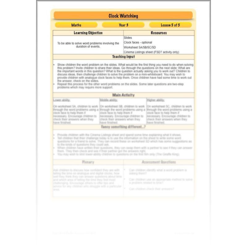 PlanBee Clock Watching | Time Year 3 Maths Lesson Activity Pack