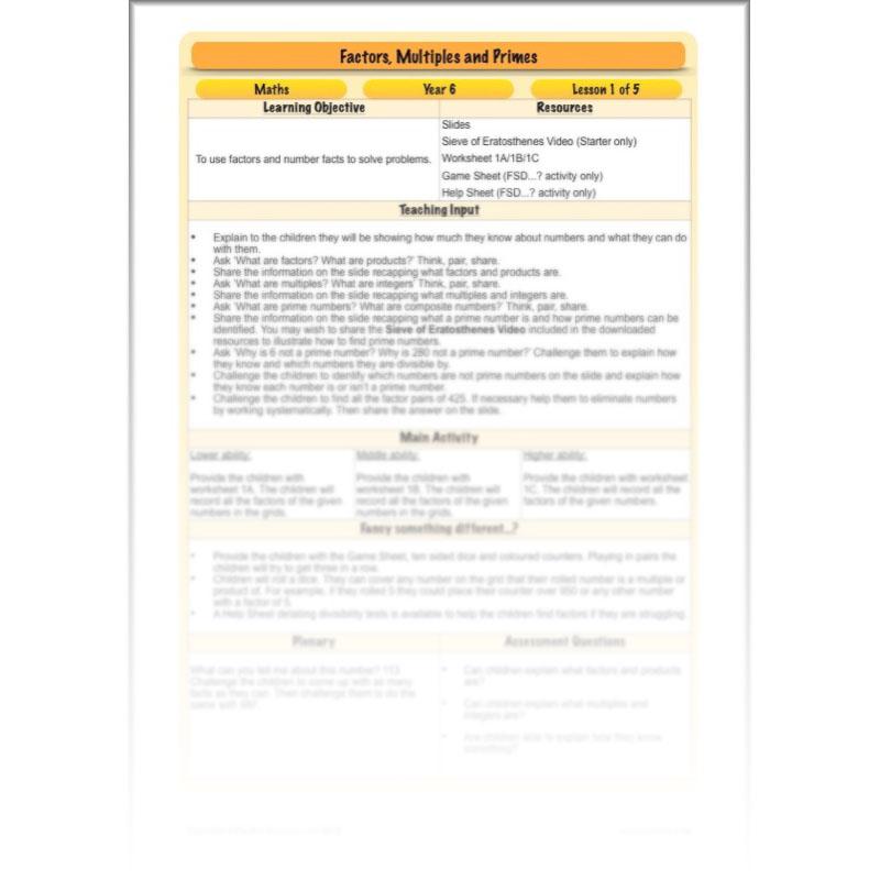 PlanBee Factors, Multiples & Primes - Year 6 Complete Maths Plans by PlanBee