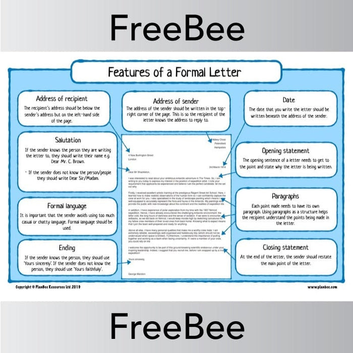 FREE Features of a Formal Letter Poster by PlanBee