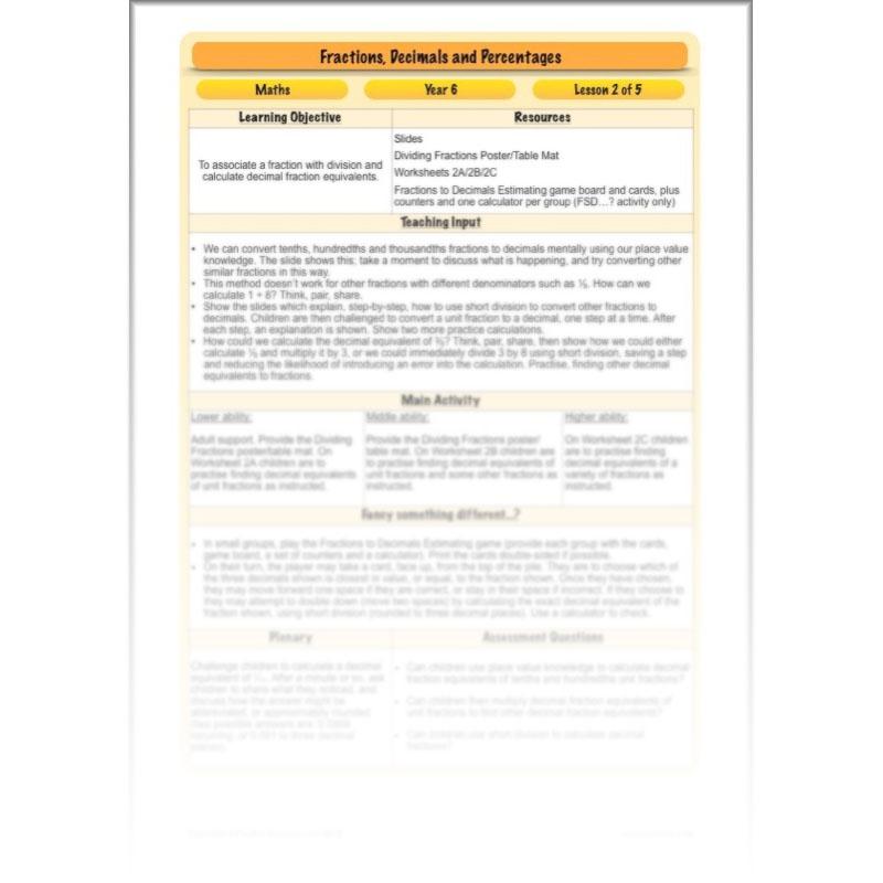 PlanBee Fractions, Decimals & Percentages - Year 6 Complete Maths Planning