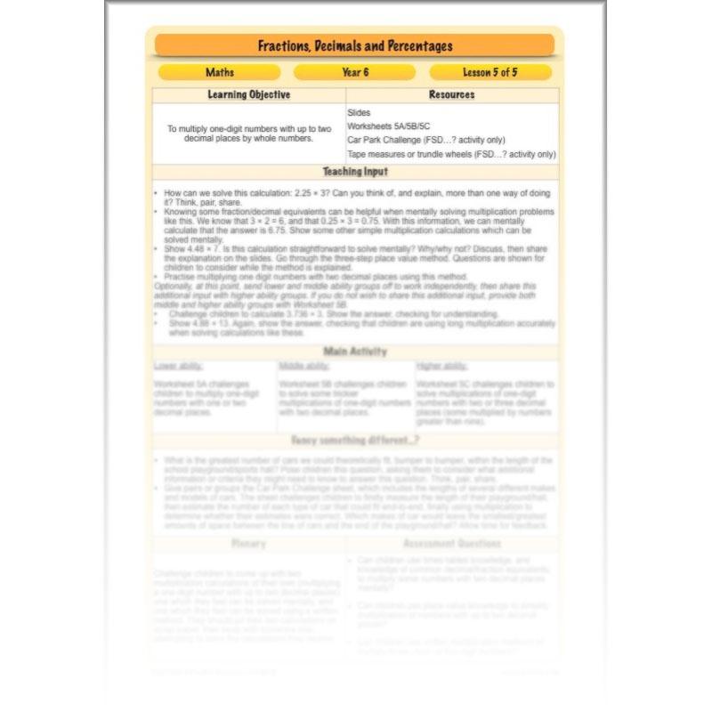 PlanBee Fractions, Decimals & Percentages - Year 6 Complete Maths Planning