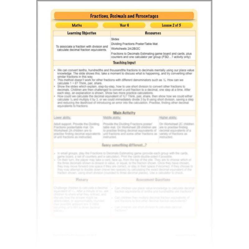 PlanBee Fractions, Decimals & Percentages - Year 6 Complete Maths Planning