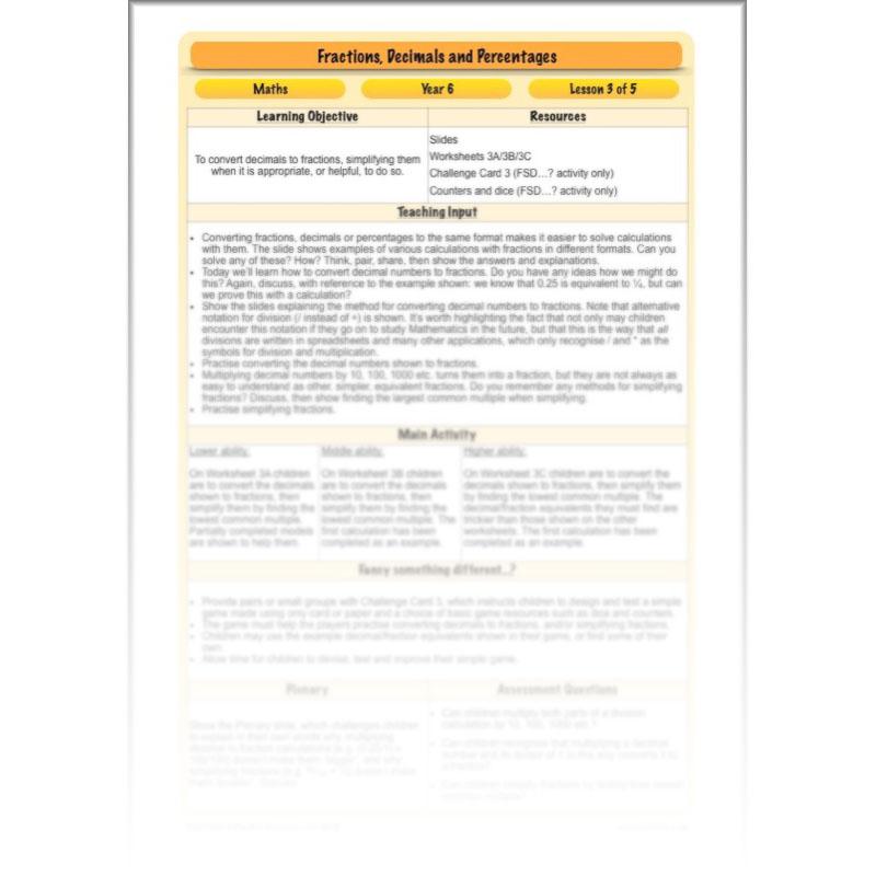 PlanBee Fractions, Decimals & Percentages - Year 6 Complete Maths Planning