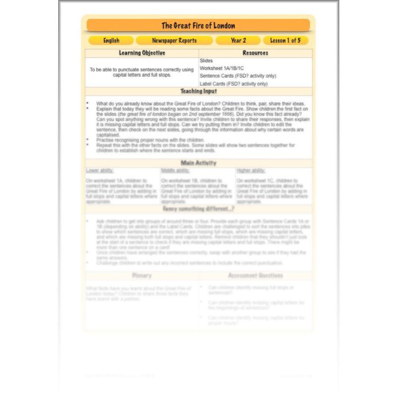 PlanBee Great Fire of London Newspaper Reports KS1 English Plans