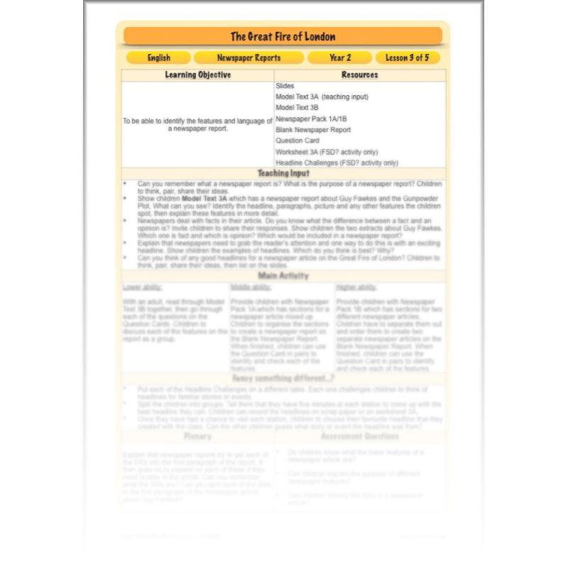 PlanBee Great Fire of London Newspaper Reports KS1 English Plans