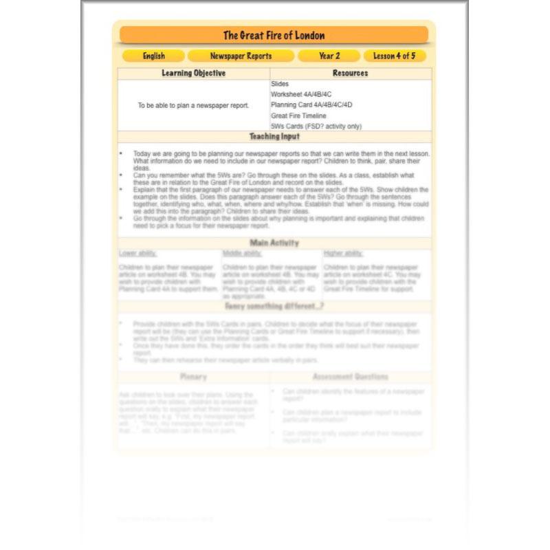 PlanBee Great Fire of London Newspaper Reports KS1 English Plans
